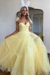 Yellow A-Line Spaghetti Straps Tulle Long Prom Dress