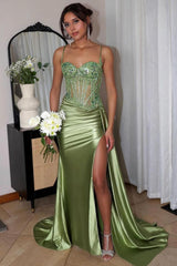 Sparkly Green Corset Sequins Long Prom Dress With Slit