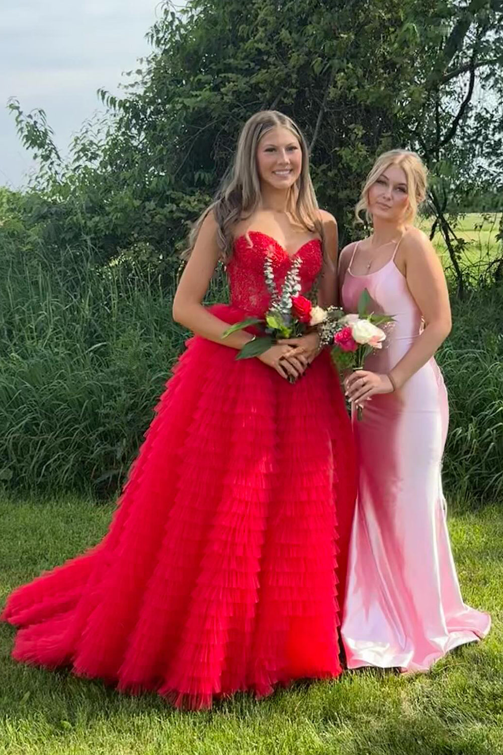 Coral A Line Tiered Sweetheart Long Corset Prom Dress