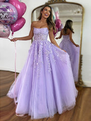 Purple Tulle Lace Long Prom Dress A-Line Long Lace Formal Dress