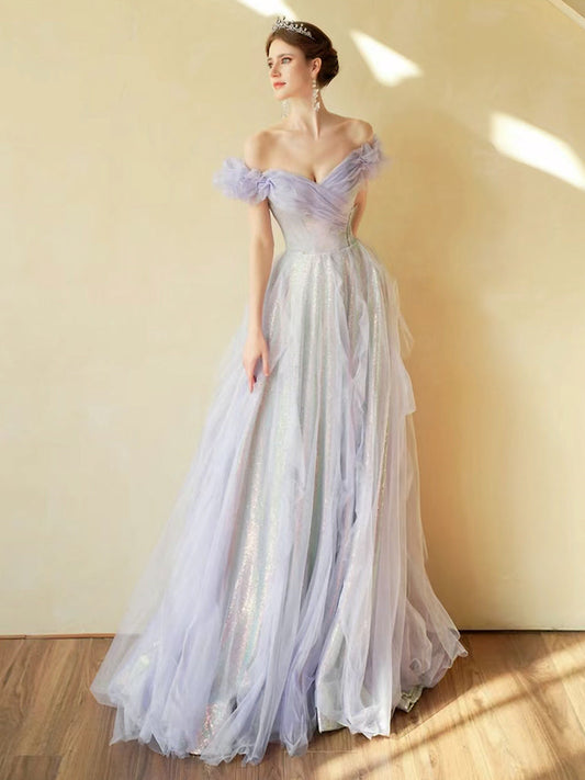 A-Line Off-Shoulder Tulle Sequin Purple Long Prom Dress Purple Long Formal Dress