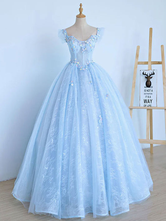 A-Line Blue Tulle Lace Long Prom Dress Blue Formal Evening Dress