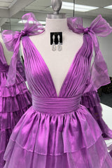 A Line Fuchsia V Neck Tulle Long Prom Dress with Ruffles