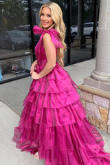 A Line Fuchsia V Neck Tulle Long Prom Dress with Ruffles