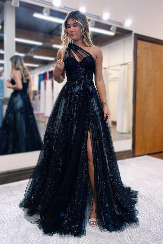 A Line One Shoulder Glamorous Black Long Elegant Prom Dress with Delicate Appliques