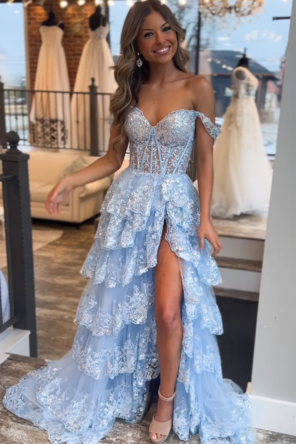 Long Lace Off-the-shoulder A-Line Tiered Elegant Prom Dress with Split Design