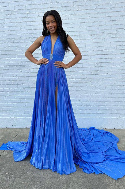 Blue Halter Pleated Long Prom Dress with Slit