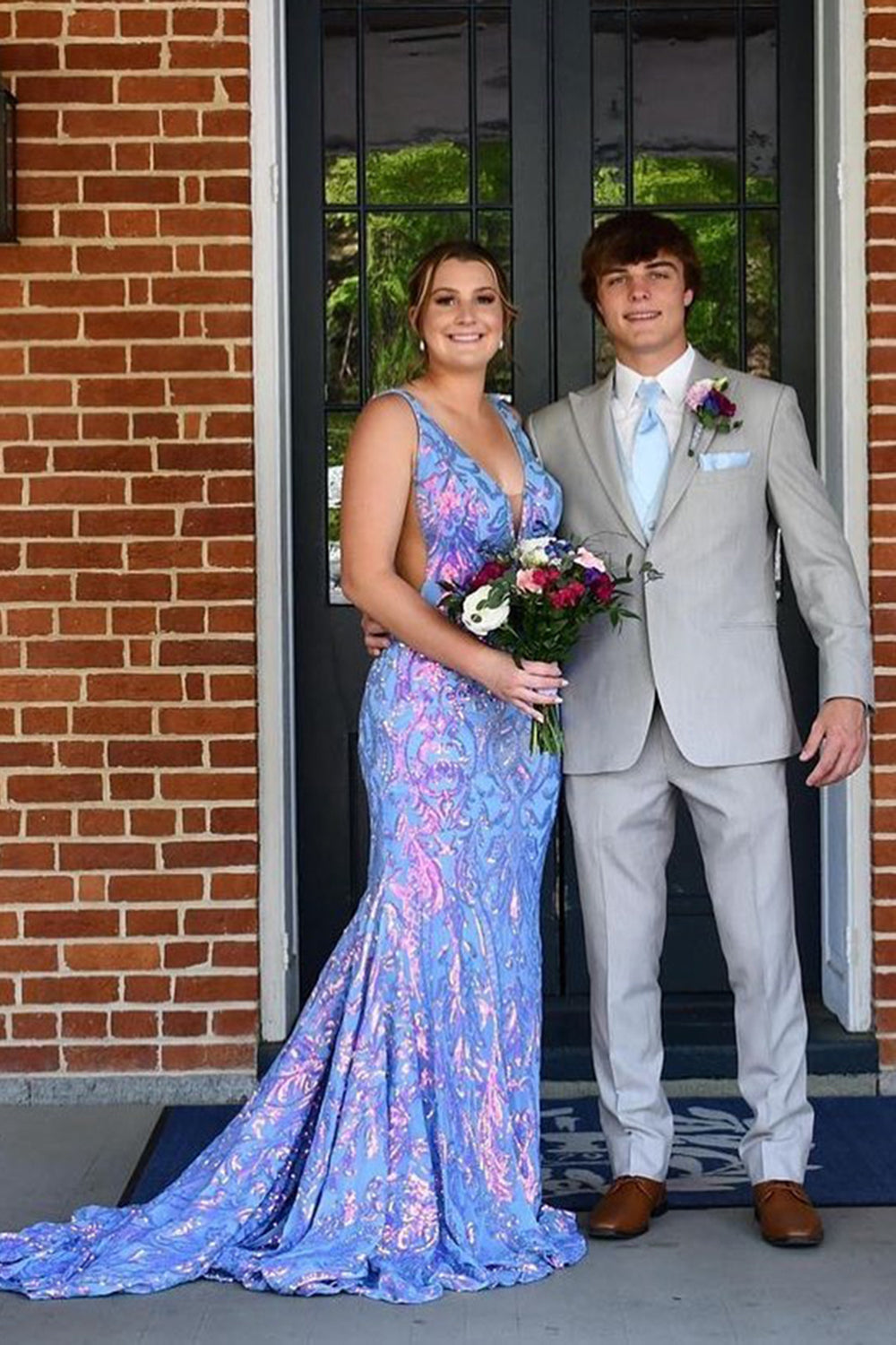 Sparkly Blue Metallic Long Backless Sequins Prom Dres with Slit