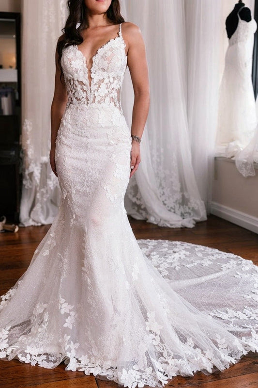 White Spaghetti Straps Wedding Dress Tulle Lace Mermaid Bridal Dress with Sweep Train