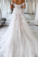 White Off the Shoulder Wedding Dress Tulle Lace A-Line Bridal Dress with Sweep Train