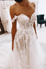 White Off the Shoulder Wedding Dress Tulle Lace A-Line Bridal Dress with Sweep Train