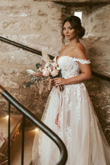 White Off the Shoulder Wedding Dress Tulle Lace A-Line Bridal Dress with Sweep Train