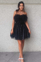 a line black sequin style chic feather style croppedshort party dress