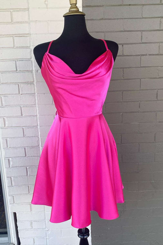 a line hot girly pink cowl neck lace up short homecoming dress