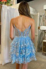 a line sky blue sequin styles multi layers short homecoming dress