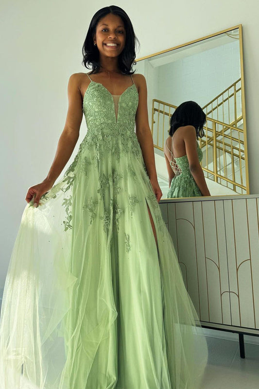 Sage Green Sexy V Neck Tulle Material A-Line Long Prom Dresses with Delicate Appliques