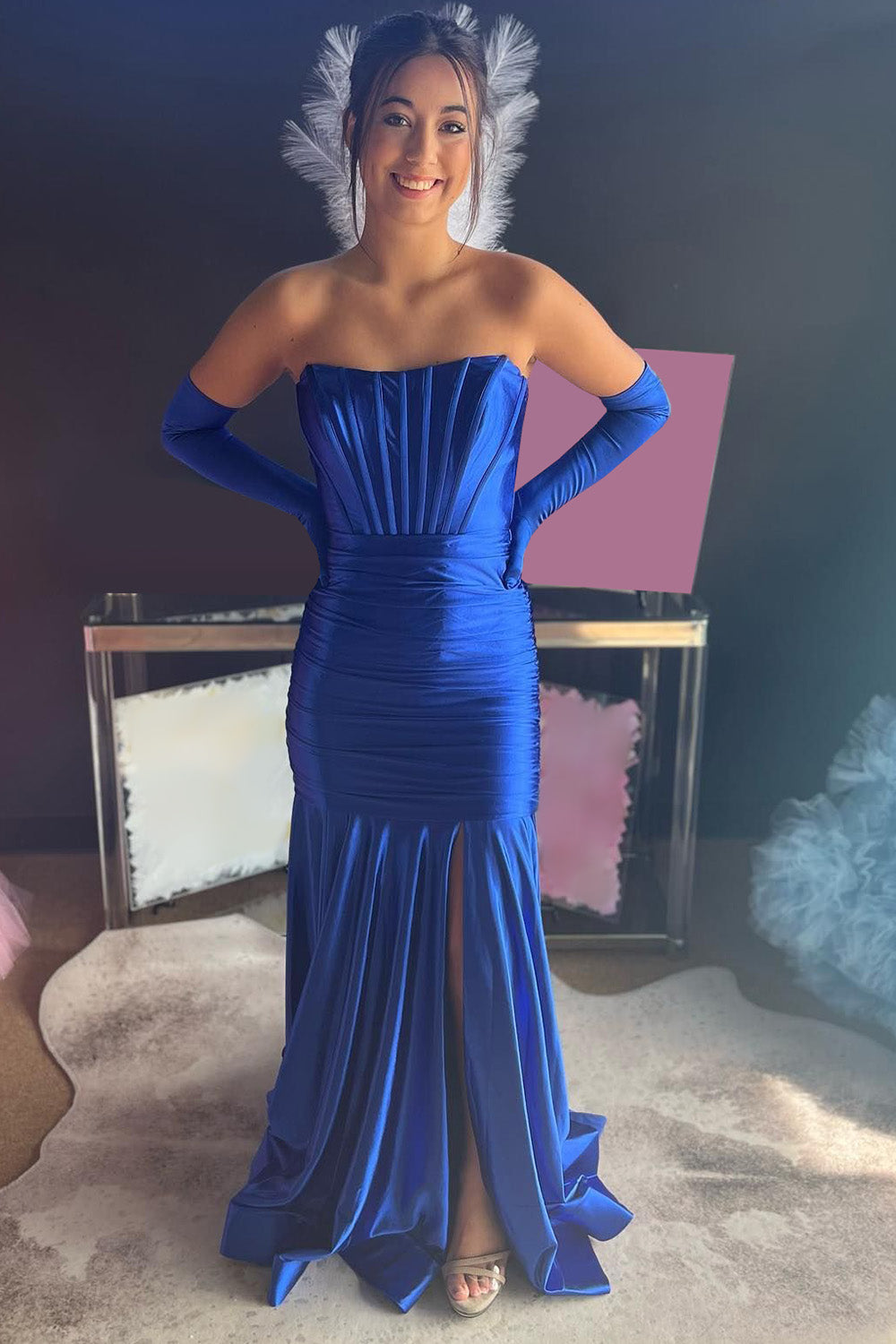 Royal Blue Corset Detachable Sleeves Mermaid Long Prom Dress with Slit(Gloves are not Included)