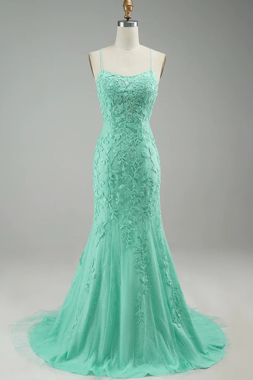 Mint Spaghetti Straps Appliques Mermaid Long Prom Dress