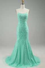 Mint Spaghetti Straps Appliques Mermaid Long Prom Dress