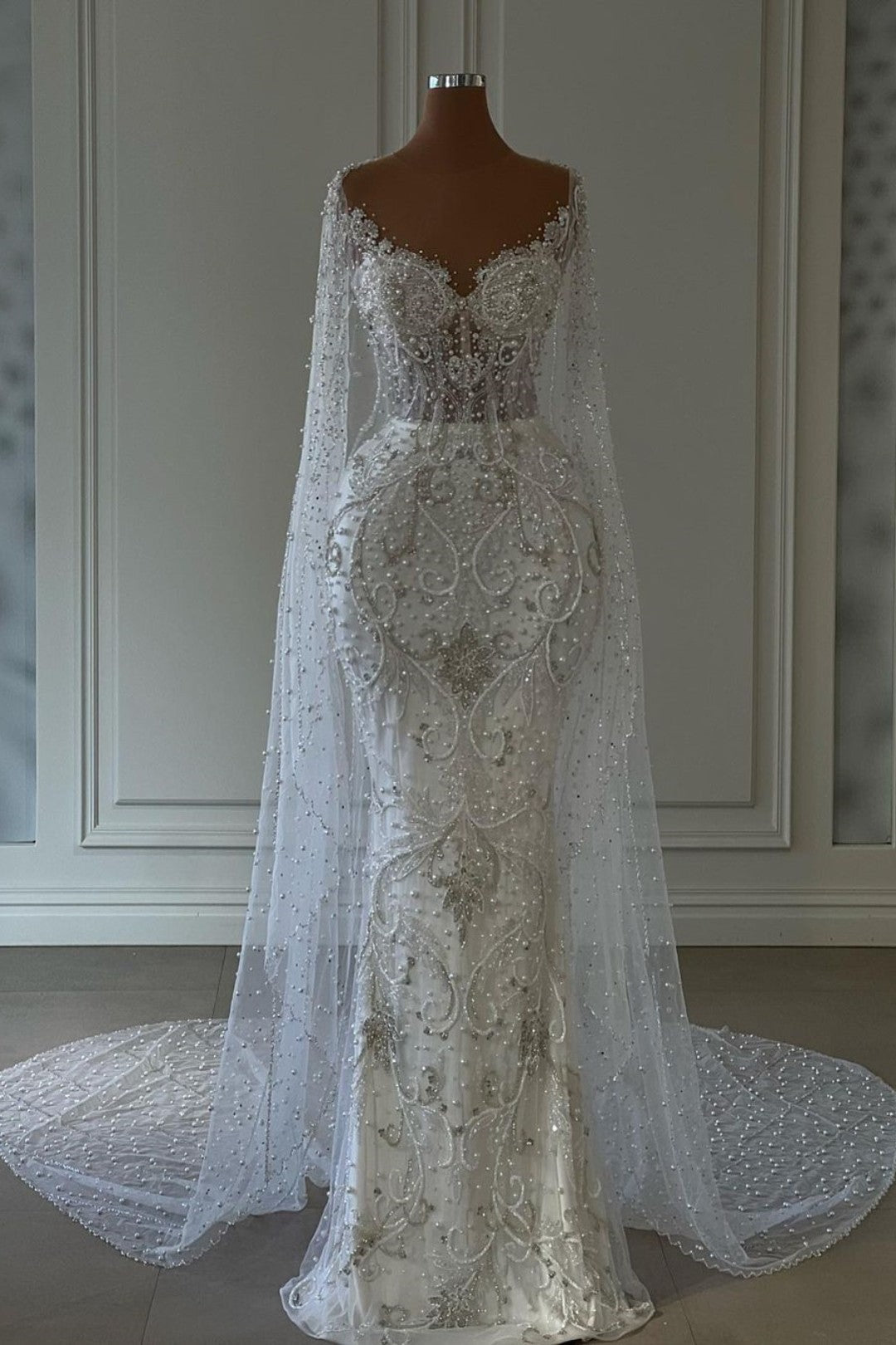 Long Sleeve White Wedding Dress with Beading on Tulle