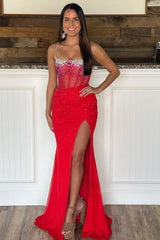 Glitter Red Mermaid Long Corset Prom Dress With Slit