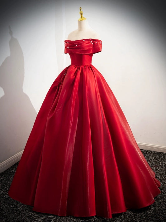 A-Line Off-Shoulder Satin Red Long Prom Dress Red Long Evening Dress