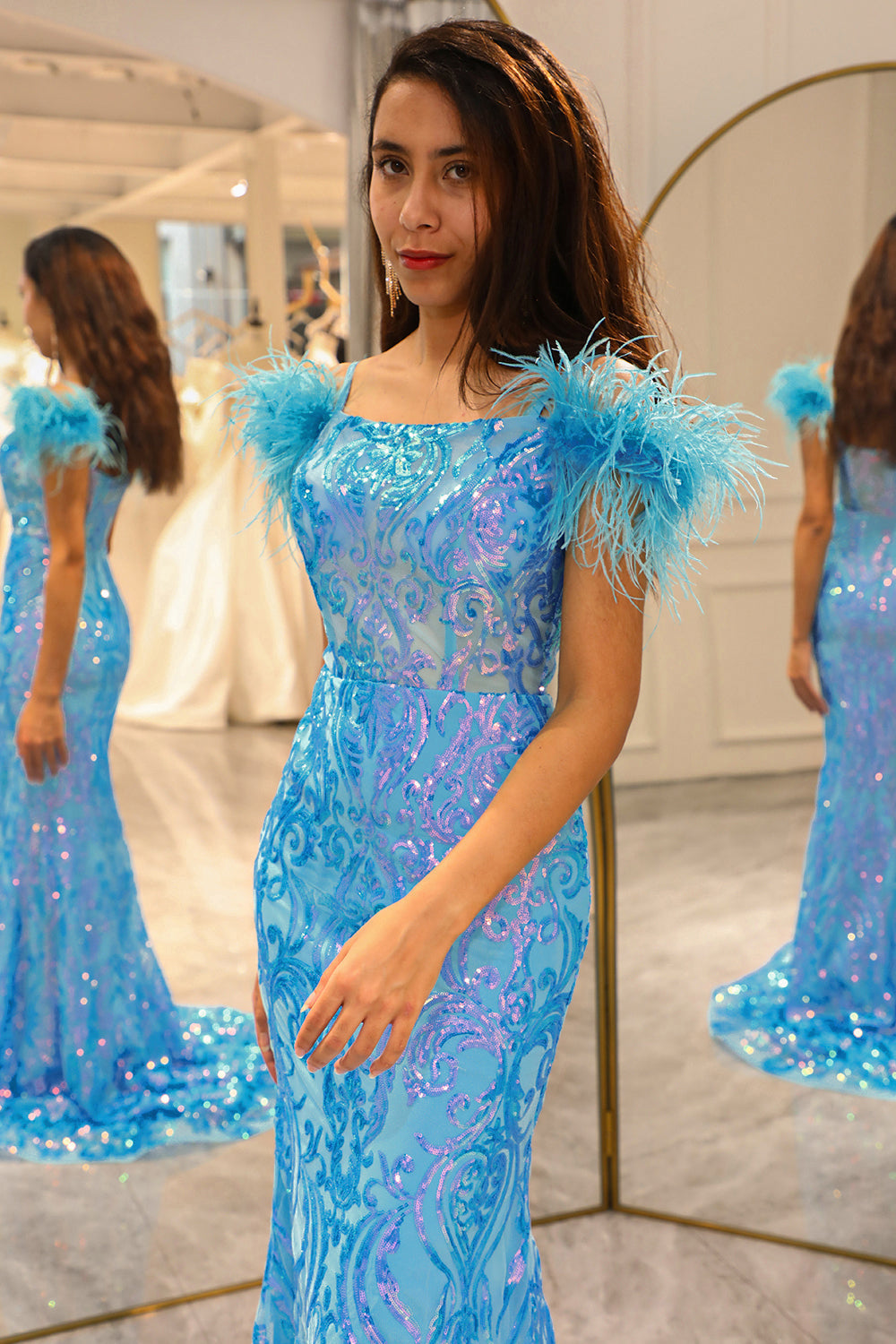 Shiny Light Blue Mermaid Long Prom Dress With Feather