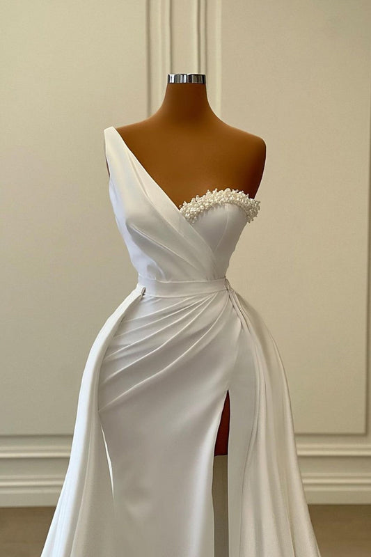 One-Shoulder Charmeuse White Wedding Dress with Beading