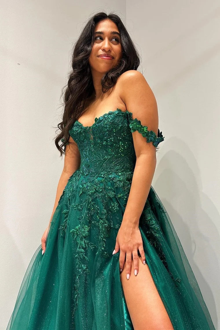 Elliana Dressystars  Glitter Emerald Delicate Appliques Off-the-shoulder A-Line Long Prom Dress