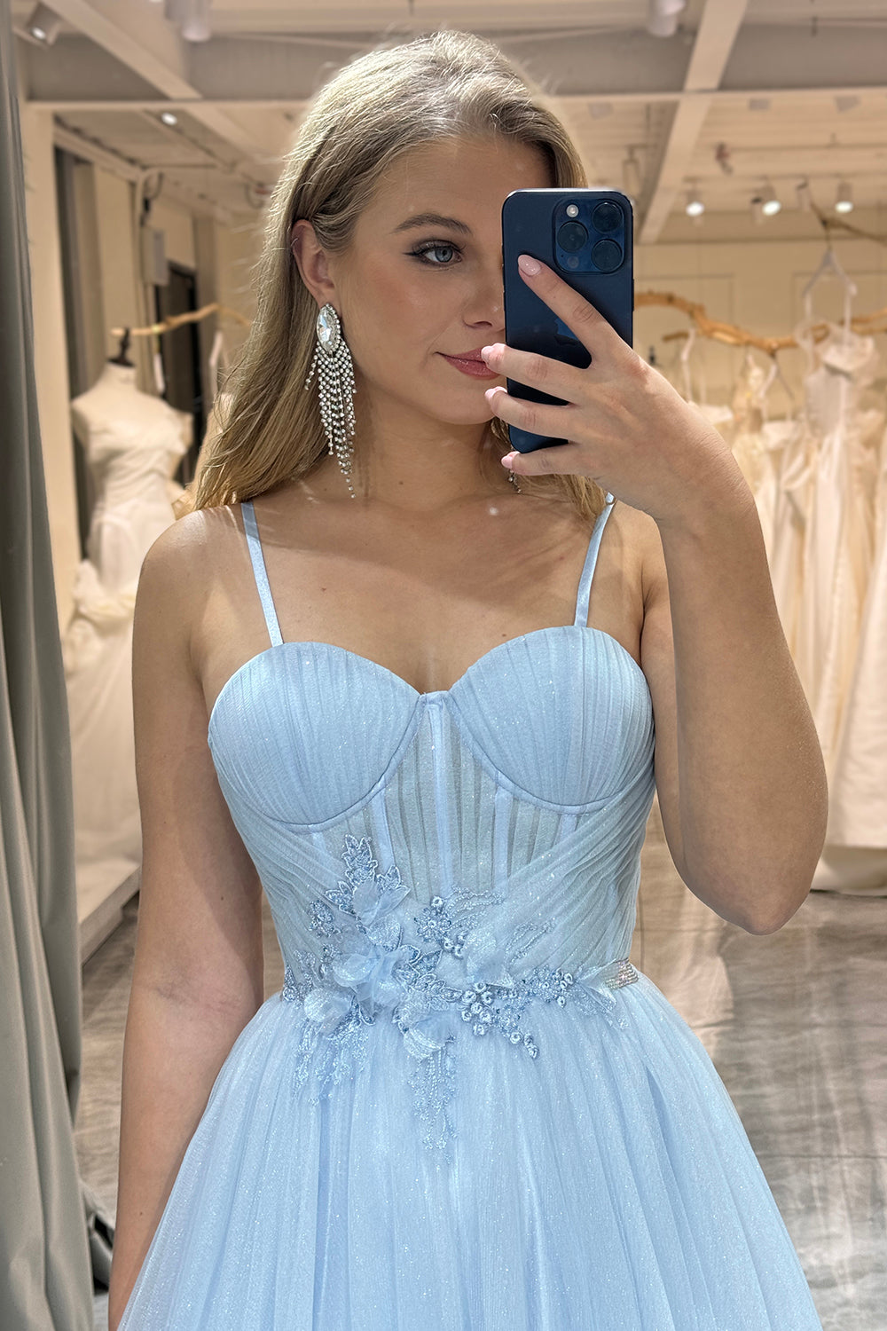 A Line Tulle Light Blue Long Corset Prom Dress