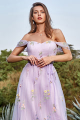 Lavender A Line Tulle Off the Shoulder Embroidery Prom Dress