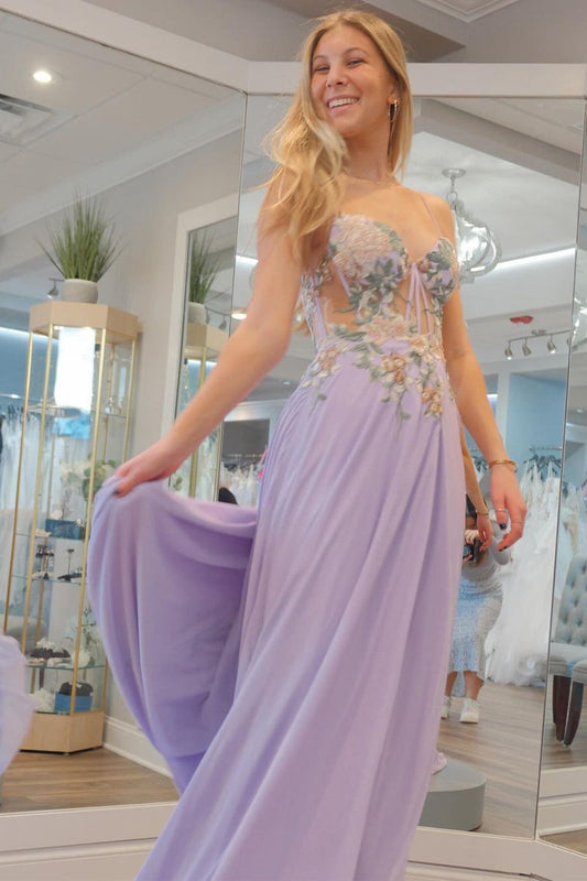 Lilac Chic Sweetheart Collar Chiffon Long Prom Dresses with Delicate Appliques