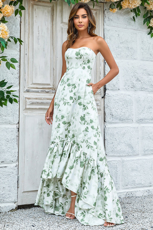 Green Asymmetrical Printed Long Wedding Party Dress with Strapless