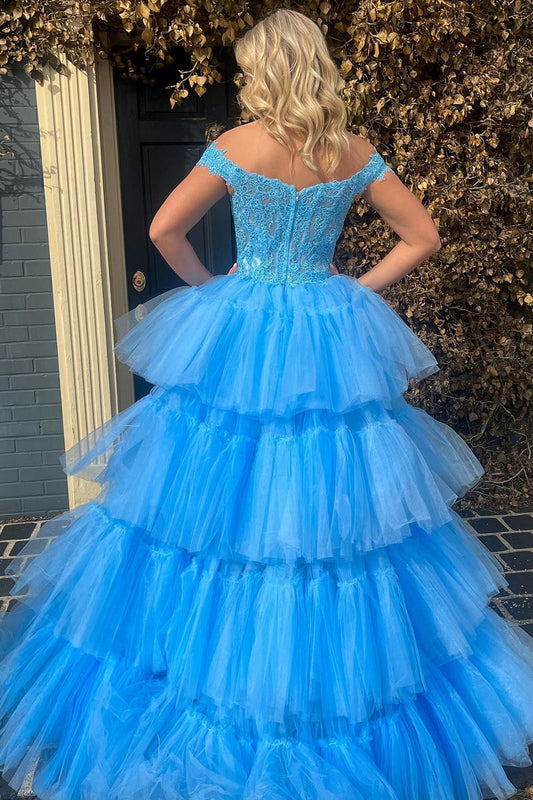 Blue High Low Homecoming Prom Dress with Lace