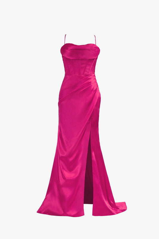 Hot Pink Prom Dress Spaghetti Straps Satin Mermaid Elegant with Split Evening Dress