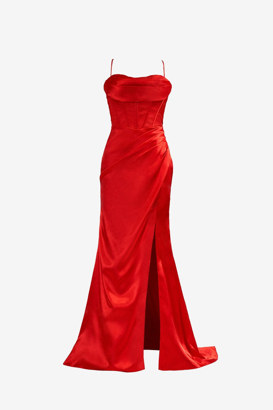 Red Prom Dress Spaghetti Straps Satin Mermaid Elegant with Split Evening Dress