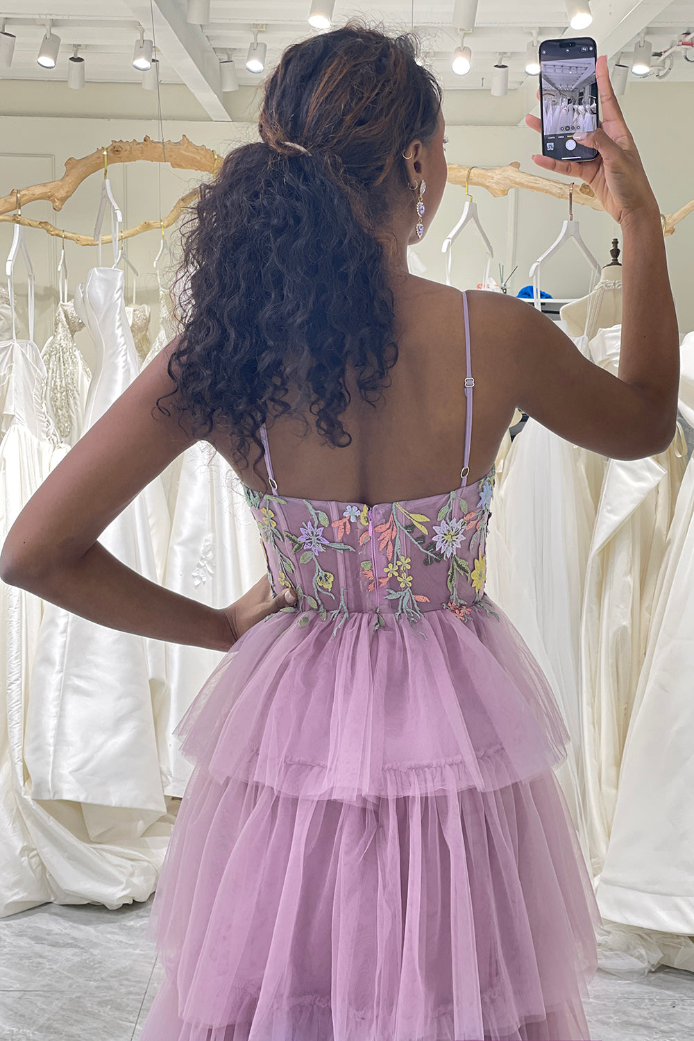 Mauve A Line Appliques Long Corset Tiered Prom Dress With Slit