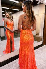 Sparkly Orange Open Back Sequins Long Prom Dress with Slit