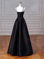 A-Line Sweetheart Neck Satin Black Long Prom Dress Black Long Evening Dress