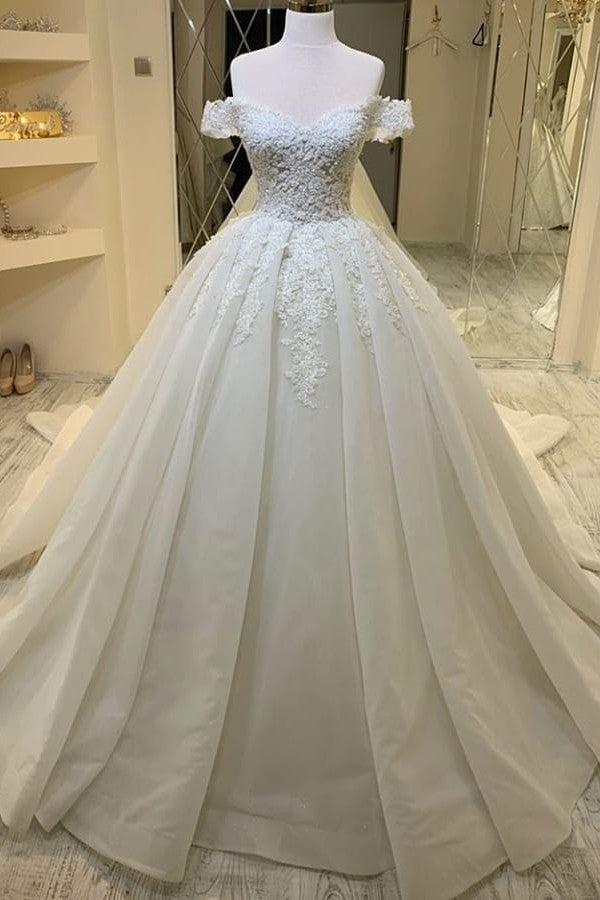 Sweetheart Off-the-Shoulder A-Line Wedding Dress with Ruffles and Lace Appliques