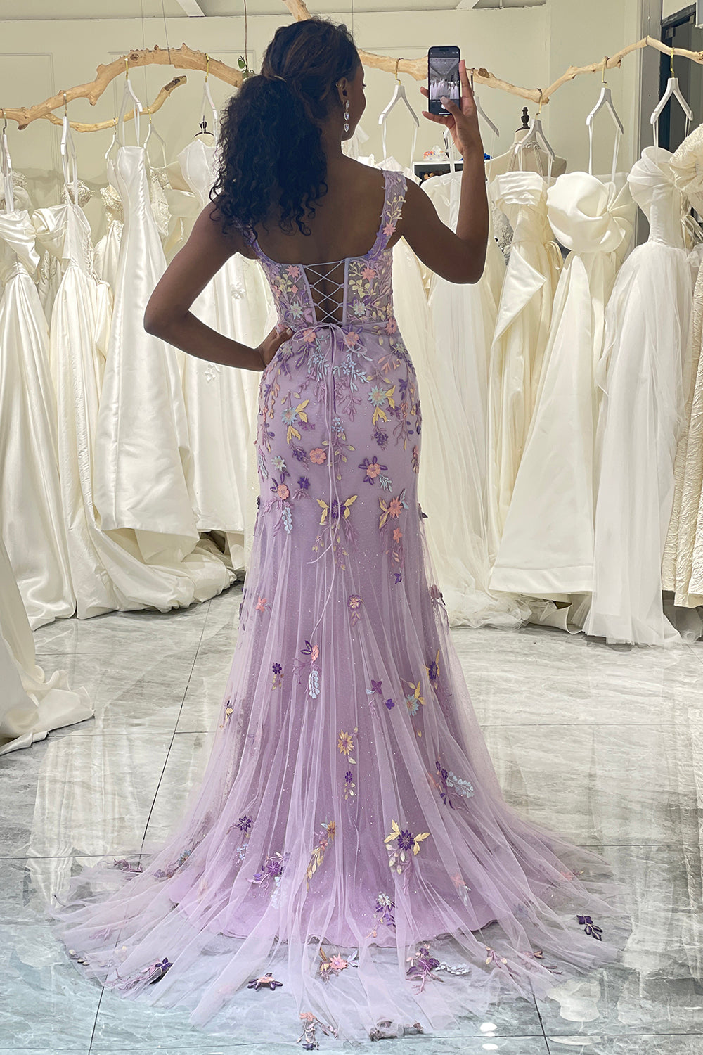 Mauve Mermaid Appliqued Long Corset Prom Dress With Slit