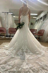 Graceful Deep V-Neck Mermaid White Long Wedding Dress with Lace