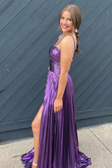 Glitter Purple Backless Long Prom Dress With Slit