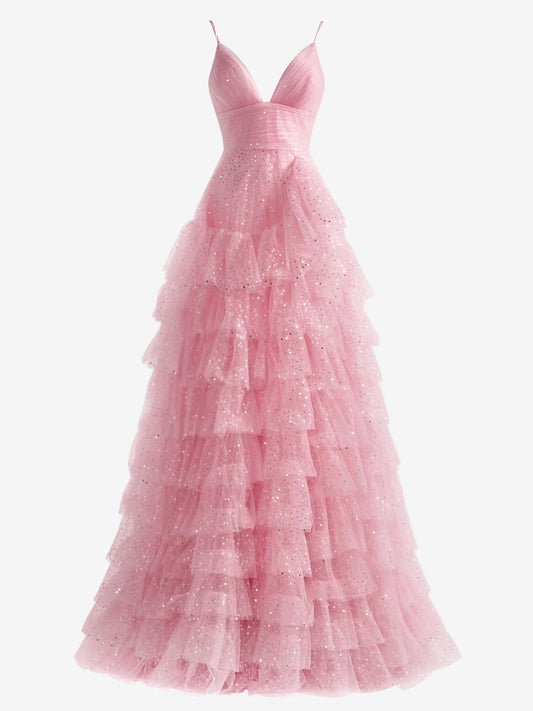 Alianna Dressystars  Light Girly Pink A-Line Tiered Spaghetti Straps Tulle Material Prom Dress