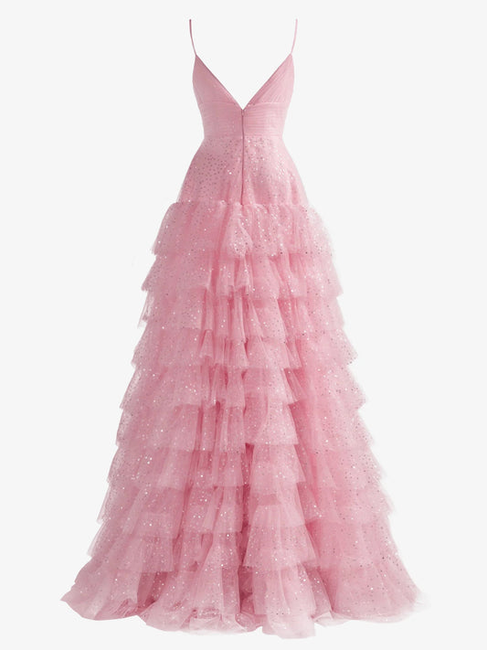 Alianna Dressystars  Light Girly Pink A-Line Tiered Spaghetti Straps Tulle Material Prom Dress