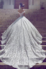 Ivory Off The Shoulder Lace Ball Gown Tulle Wedding Dress