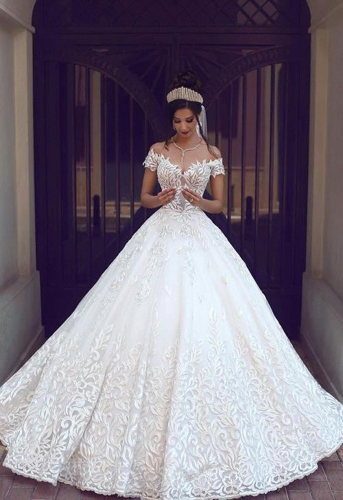 Ivory Off The Shoulder Lace Ball Gown Tulle Wedding Dress