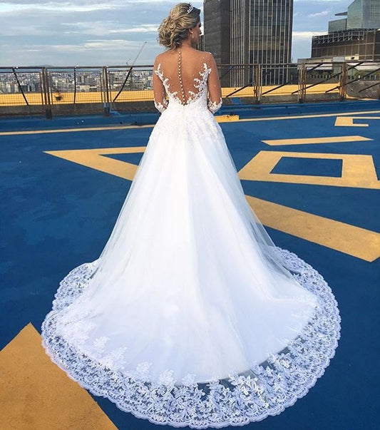 White Tulle Wedding Dress A Line Long Sleeves Bridal Dress with Lace Appliques