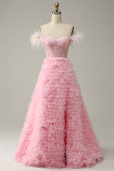 Princess A Line Off the Shoulder Pink Long Prom Dress with Feather