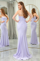 Lilac Mermaid Strapless Long Corset Prom Dress With Appliques